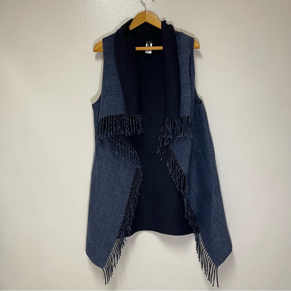 Wool Blend Wrap Vest Fringe Talbots Blue Plaid Women's XS/S Draped Open Front